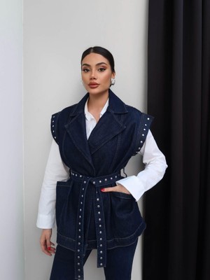 Qimya Butik Levure Kadın Kemeri ve Kol Uçları Zımba Detaylı Açık Kruvaze Bol Oversize Kot Yelek