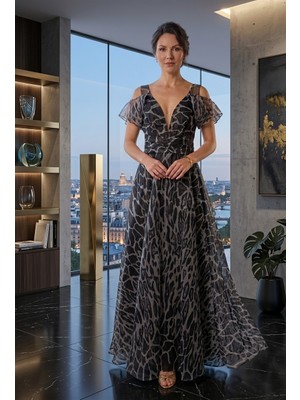 Prline Pileli Kısa Kollu Uzun Desenli Abiye Elbise