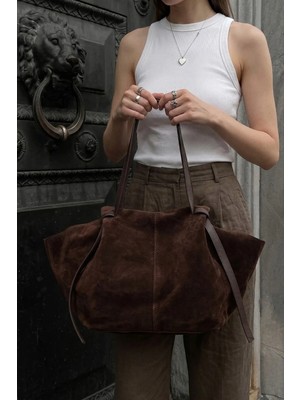 Marjin Kadın Hakiki Deri Shopper El ve Omuz Çantası Yorita Kahve Süet