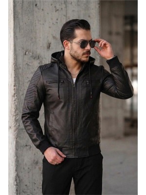 Oksit Kegg Erkek Siyah Slim Fit Kapüşonlu Omuz Detaylı Suni Deri Ceket