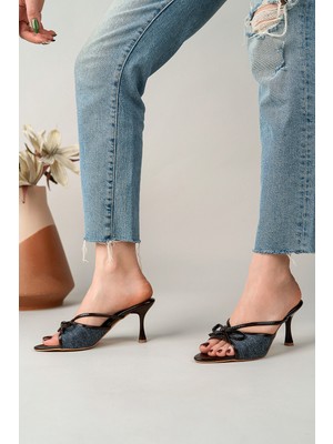 MARSHETTA Lorina Lacivert Keten Fiyonk Detaylı Kadın Ince Topuklu Sandalet Terlik