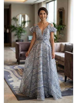 Prline Pileli Kısa Kollu Uzun Desenli Abiye Elbise