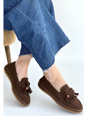 Kendim Fashion Boriy Kahverengi Deri Tozu Süet Babet Ayakkabı