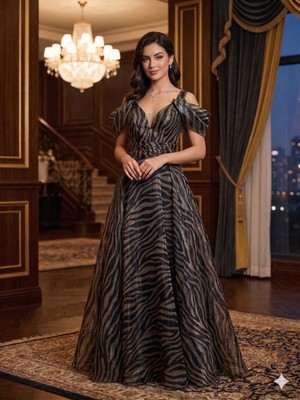 Prline Pileli Kısa Kollu Uzun Desenli Abiye Elbise