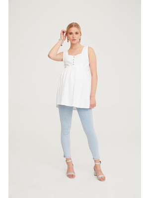 Vavien Hamile Beyaz Bluz Tunik 1075 Rahat Kalıp ve Yaka Özellikleri ile Şık Tasarım