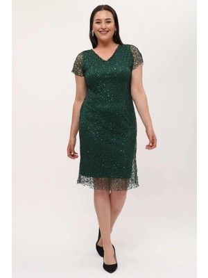 ModaSehle Kadın Büyük Beden Dantel Pul Detaylı Kısa Kollu Midi Abiye Elbise