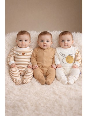 Mai Perla Unisex 3'lü Pamuklu Geyik Desenli Çıtçıtlı Patikli Yenidoğan Tulum Seti