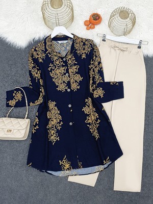 Modamorfo Desenli Boydan Düğmeli Arkası Uzun Viskon Tunik -Laci