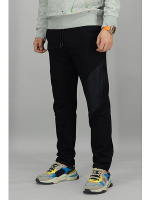 Souris Erkek Siyah Jogger Eşofman Altı Fermuarlı Yan Cepli Pamuklu Standart Kalıp