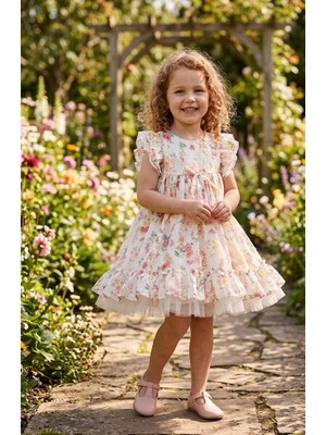 Çiçek Desenli Lale Bağlamalı Tüllü Kız Çocuk Elbise