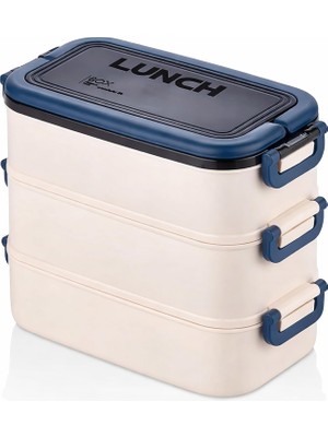 3 Katlı Taşınabilir Yemek Kabı, Bento Lunch Box, Diyet Beslenme Kutusu, Çatal Kaşık Dahil, Bpa Içermez 19 x 16,5 x 11,5 cm (Mavi)