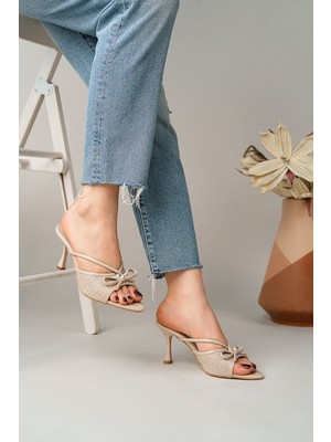 MARSHETTA Lorina Bej Keten Fiyonk Detaylı Kadın Ince Topuklu Sandalet Terlik