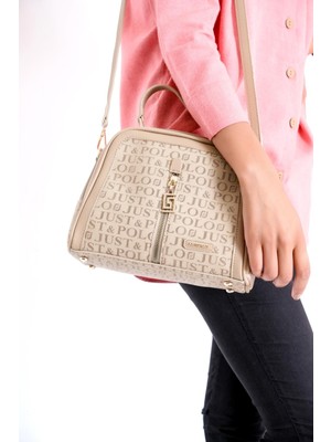 Just Polo Kadın 2 Bölmeli Kum Renkli Fermuar Kapama El ve Omuz Çantası Uzun Ayarlanabilir Askı ile