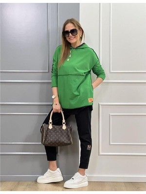 Evyora Kadın Yeşil Kapşonlu Etek Ucu Detay Arma Ters Dikiş Gorunumlu Ikili Takım