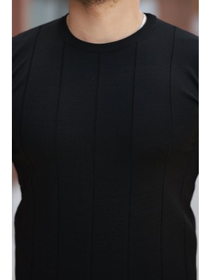 Evyora Erkek Ince Çizgi Dokulu Bisiklet Yaka Kısa Kollu T-Shirt