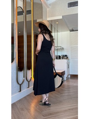 Evyora Kadın Askılı Yuvarlak Yakalı Viskon Elbise