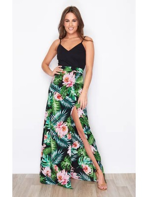 Evyora Kadın Askılı V Yaka Eteği Dijital Baskılı Çiçek Desenli Yırtmaçlı Mikro Kumaş Elbise