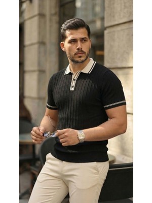 Evyora Erkek Düğme Yakalı Kontrast Yaka Triko Tişört