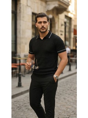 Evyora Erkek Zikzak Dokulu Yakalı Kısa Kollu Triko