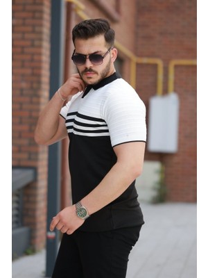 Evyora Erkek Çizgi Desenli Yakalı Kısa Kollu T-Shirt