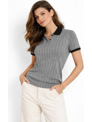 Evyora Polo Yaka Çizgili Tişört Kısa Kol Düğmeli Yazlık T-Shirt - Gri