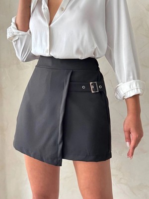 Evyora Kadın Tokalı Şort Etek Siyah S25449