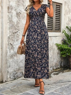 Evyora Kadın Kısa Kollu Kruvaze Yakalı Çiçek Desenli Belden Lastikli Süprem Uzun Elbise