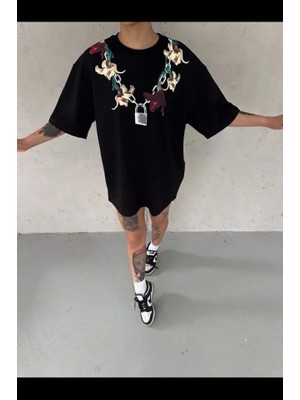 Evyora Baskılı T-Shirt Kısa Kol Bisiklet Yaka Regular Rahat Kalıp Günlük Tişört - Siyah