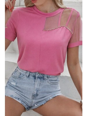 Evyora Kadın Kısa Kollu Tül Detaylı Taşlı Janjan Krep Bluz