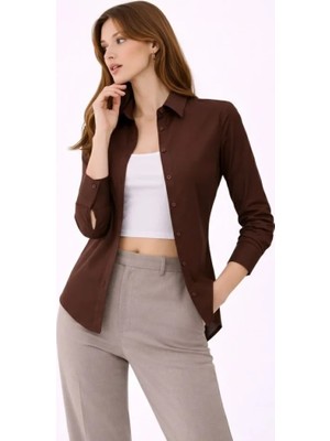 Evyora Uzun Kollu Gömlek Düğmeli Klasik Yaka Günlük ve Ofis Şıklığına Uygun - Kahverengi