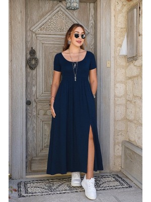 Evyora Kadın Kısa Kollu Yuvarlak Yaka Önden Yırtmaçlı Cepli Viskon Uzun Elbise
