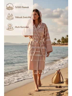 Ces Store %100 Pamuk Kapüşonlu Bornoz, El Dokuması, Yumuşak, Yüksek Emici, Hızlı Kuruyan Plaj, Havuz ve Banyo Bornozu
