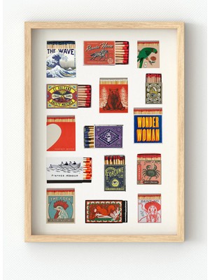 Viela Home Ahşap Çerçeveli Kibrit Kutu Koleksiyonu Poster – Retro Pop Art Duvar Dekoru