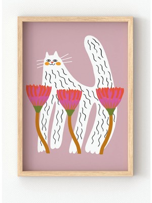 Viela Home Ahşap Çerçeveli Çiçekli Kedi Poster – Renkli ve Eğlenceli Duvar Dekoru