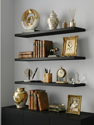 Freehome Premium MDF Duvar Rafı 3'lü Set 60X15 cm Siyah Renk Modern Kitaplık ve Depolama Çözümü