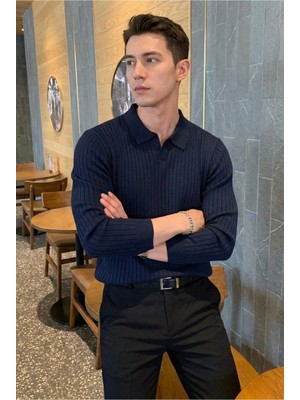 Tarz Cool Erkek Polo Yaka Fitilli Triko Kazak