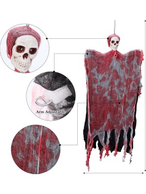 Nexgen LED Işıklı Kahkaha Atan Sesli Sensörlü Ürpertici Kuru Kafa Kanlı Korku Hayalet Saçaklı Dekor 90X50 C