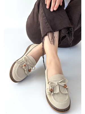 Kendim Fashion Boriy Bej Deri Tozu Süet Babet Ayakkabı