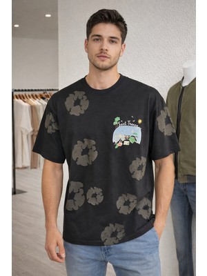 İnce Moda Giyim Saint Tropez Baskılı Oversize Erkek Tişört – Siyah