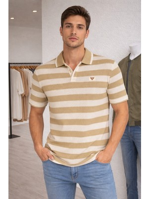 İnce Moda Giyim Çizgili Pike Dokulu Polo Yaka Erkek Tişört – Bej & Lacivert Seçenekli