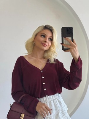 Fehu Bloom Oversize Düğmeli Merserize Hırka Bordo