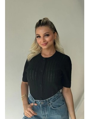 Fehu Bloom Kısa Kol Düğmeli Triko Hırka Siyah
