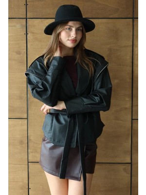 Fehu Bloom Siyah Kuşaklı Tasarım Deri Ceket