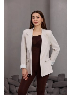 Fehu Bloom Ekru Çizgili Astarlı Keten Ceket