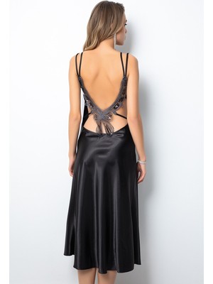 Miorre Kadın Siyah Bihter Gecelik %100 Saten Zarif Detaylarla Özel Tasarım