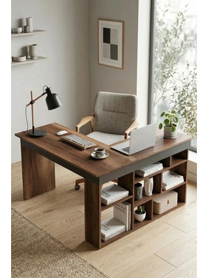 Robin Home Boston Kitaplık Raflı Çalışma Masası Ofis Masası L Masa Barok-Antrasit