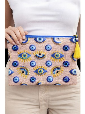 Uretti - Sümeyya 2589 1313 Nazar Boncuklu ve Göz Desen Boncuk Işlemeli Püsküllü Clutch Çanta