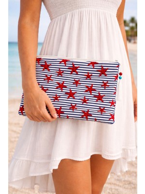 Uretti - Sümeyya 2589 2454 El Yapımı Deniz Yıldızlı Boncuk Işlemeli Çizgili Model Clutch Çanta