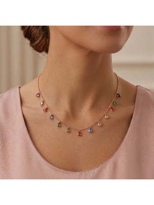 Pigado 925 Ayar Gümüş Damla Kolye Renkli Taşlı Rose