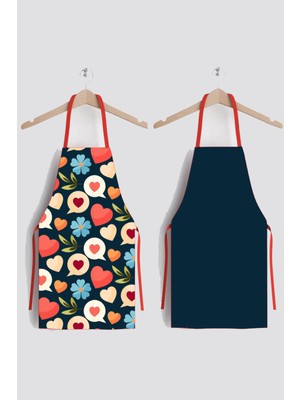 Ays Home Çiçek Kalpli Dijital Baskılı Mutfak Önlüğü %100 Polyester Lacivert Renkli Unisex 2'li Set
